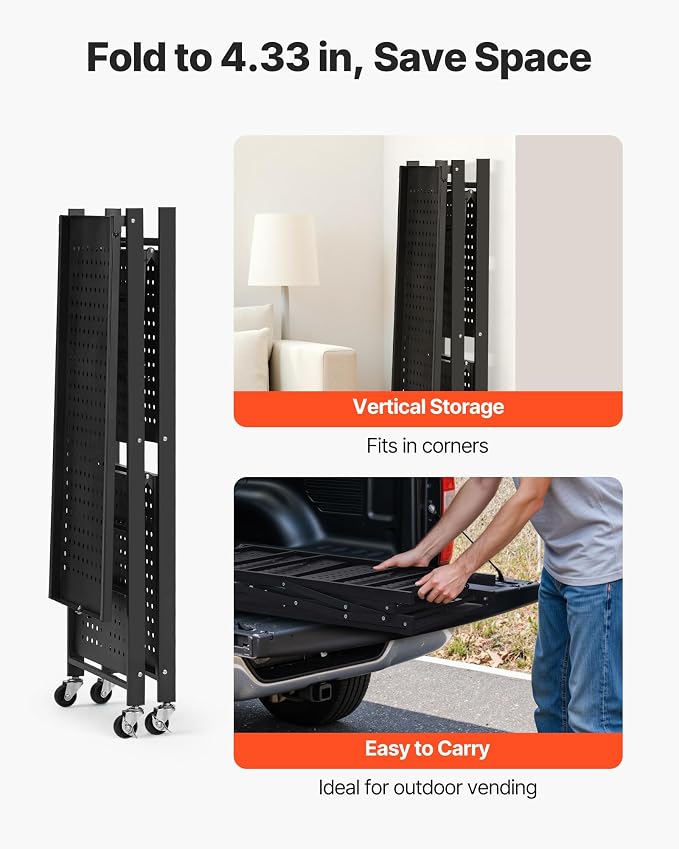 VEVOR 3-Tier Foldable Storage Shelf, 28W x 13D x 36H Inch Folding Metal Rack Shelving Unit, No Assembly Organizer Shelf with 5 Wheels & 4 Hooks for Pantry, Kitchen, Garage, Basement, Black