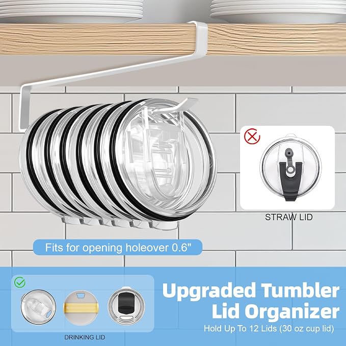 Tumbler Lid Organizer, 2 Pack for Yeti Lid Organizer, Space Saving Water Bottle Lid Holders, Tumbler Lid Holder Up to 12 Lids,No Drilling,Cup Lid Organizers for Kitchen Under Cabinet Storage (White)