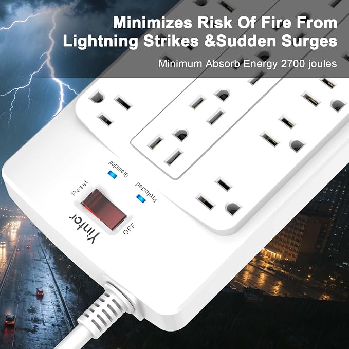 Surge Protector Power Strip, Yintar 10 Feet Flat Plug Heavy Duty Extension Cord with 18 Widely Outlets and 4 USB Ports, 2100 Joules, ETL Listed, White