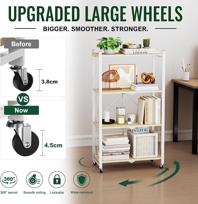 black leopard 4-Tier Foldable Shelf with Wheels, Wood-Grain Steel Shelves | Pre-assembled frame unfolds in seconds with tool-free wheel setup for fast, convenient use.