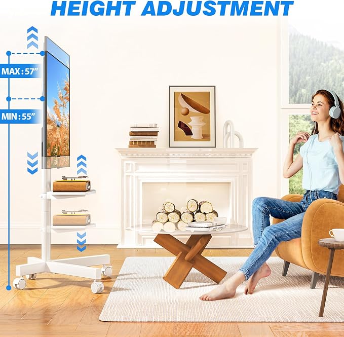 Rfiver Mobile TV Stand for 23-65 Inch LCD LED Flat/Curved Panel Screen TVs up to 88 lbs, Rolling TV Stand with Adjustable Shelf & Tilt, Portable Floor Stand on Wheels for Bedroom, Living Room, White