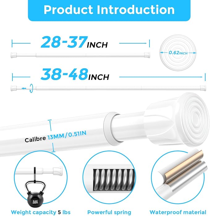 AIZESI Tension Rods for Windows 28 to 48 inch, Adjustable Short Curtain Rods No Drilling Small Tension Rods for Windows Door Kitchen Curtain, White