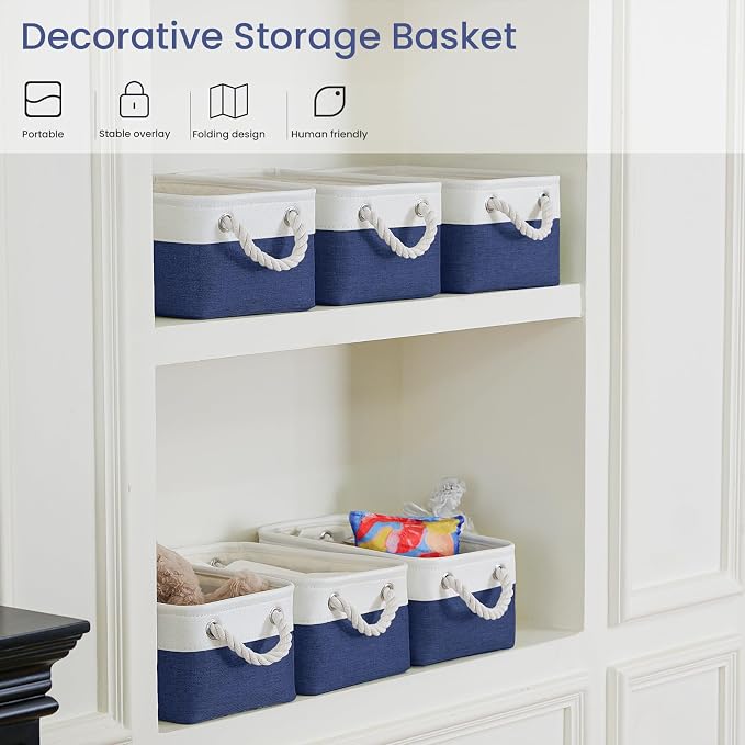 Storage Baskets for Shelves 11.8x7.9x5.2 Inch, Foldable Fabric Storage Bins with Handles, Small Storage Baskets for Organizing Closet, Office, Home Organization (3-Pack, White&Blue)