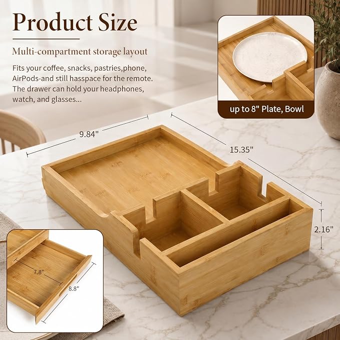 2 in1 Couch Tray with Cup Holders and Drawer Storage | Bamboo Sofa Tray Table ,Sofa Organizer Insert Between Cushion/Flat Use,Couch Caddy for Drink,Snack,Living Room Accessories