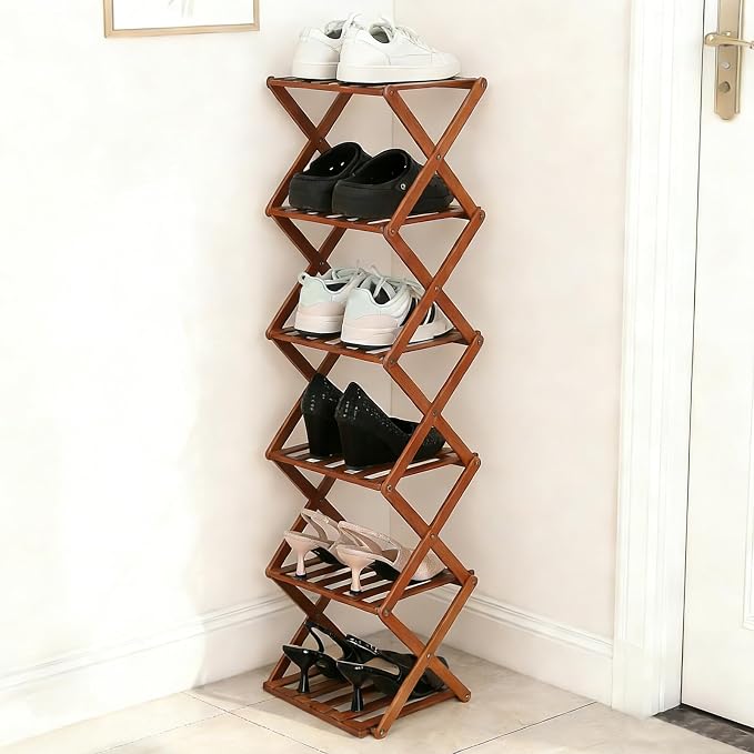 Bamboo Shoe Rack 6 Tier Foldable Shoe Rack for Entryway | Narrow Vertical Shoe Organizer Free Standing Shelf, Multifunctional Slim Storage for Bedrooms Living Room Corner