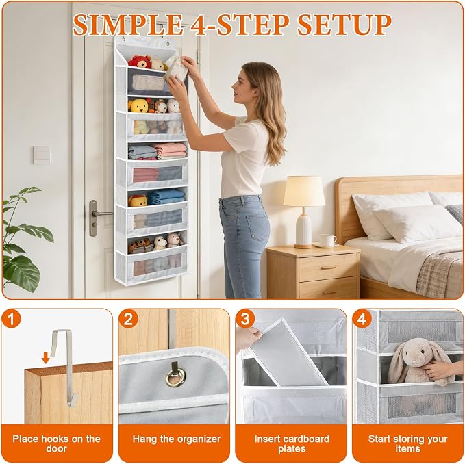 Over the Door Organizer 5-Tier, Heavy Duty Behind Door Storage, Anti-Tilt Capacity, Door Hanging Organizer with Clear Window for Closet, Bathroom, Nursery, Bedroom, Pantry, Shoe Diaper (Light Gray)