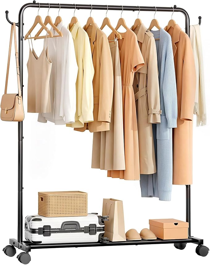 Homde Heavy Duty Clothes Rack: 120lb Standing Garment Storage for Indoor - Rolling Hanging Rod for Bedroom Laundry Room - Coat Dress Organizer on Wheels with luggage shelf (Black, 46.5")