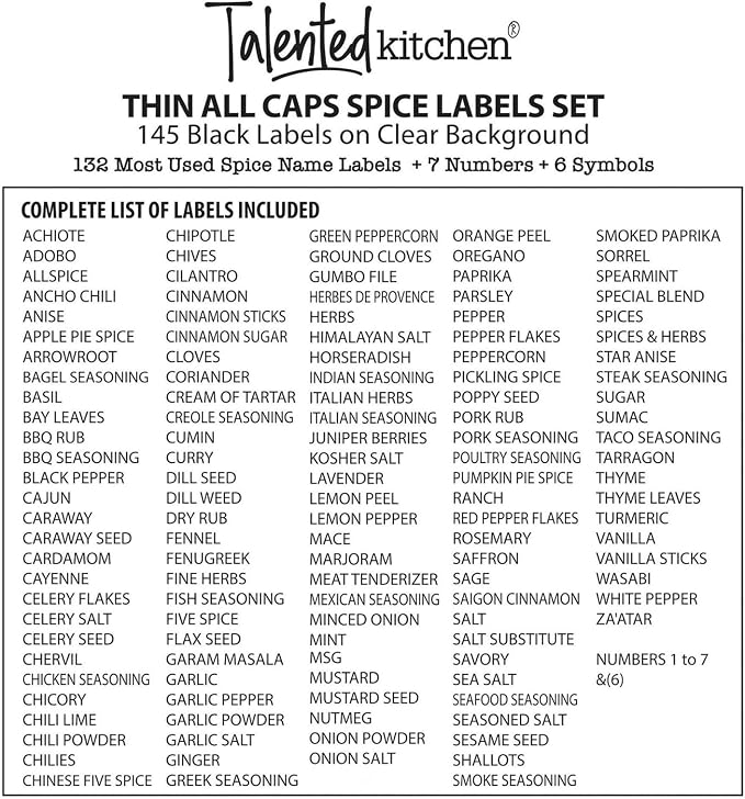 Talented Kitchen Spice Labels Stickers - Black Vinyl, 145-Pack, 1 Inch - Preprinted Waterproof Spice Jar Labels for Kitchen & Pantry Organization - Glass Jars, Herb & Seasoning Containers