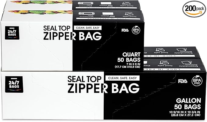 Gallon & Quart Food Storage Zip Bags Combo Pack, 100 Count Each, Total 200, Double Zipper, Easy Open