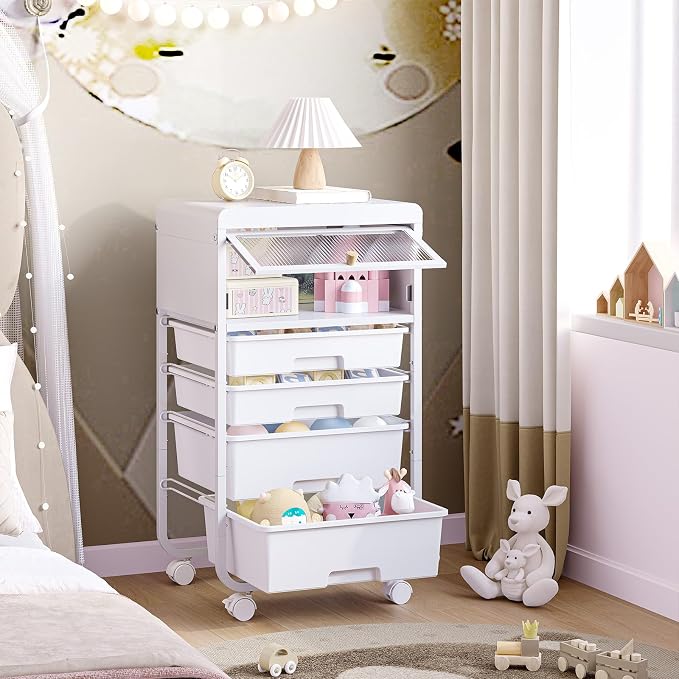 SYKIARIOL Utility-Rolling-Storage-Drawer-Craft-Cart-Organizers with 4 Drawers & Dust-proof Door for Kid Craft Art Room,Bedroom,Home Office, 4 Tiers Drawer cart, White