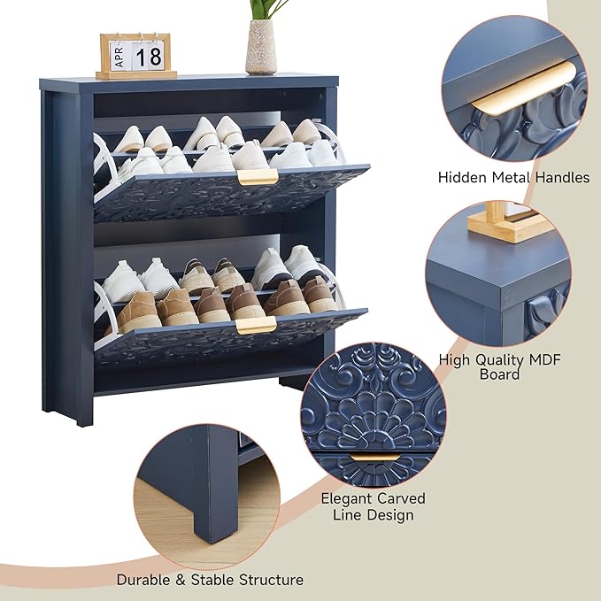 Shoe Cabinet with Flip Drawers, Narrow Shoe Storage Cabinet, 2-Tier Hidden Shoe Organizer with Carved Floral for Entryway, Mid-Century Modern Slim Shoes Storage for Hallway Foyer (1, Midnight Blue)