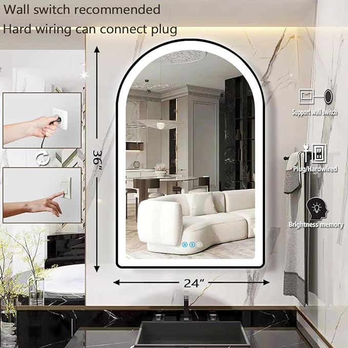 THEKLA 24 x 36 Inch Bathroom Black Arch Vanity Mirror with Light Black Frame Arch LED Mirror for Bathroom Wall Arched Lighted Mirror Anti Fog Dimmable 3 Color 36 Black Arched Smart LED Light up Mirror