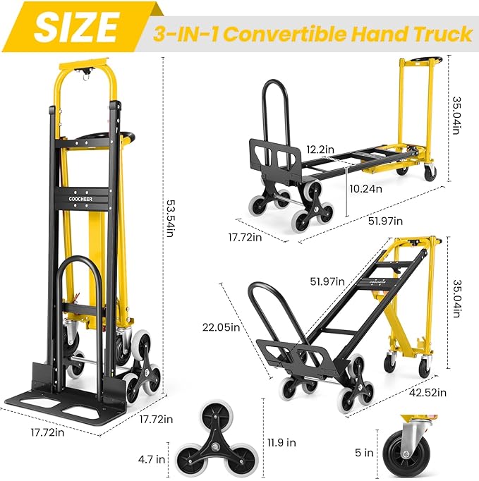 Professional 1000LBS Stair Climbing Hand Truck, Heavy Duty 3-in-1 Aluminum Folding Dolly Cart with Solid Wheels for Office/Moving/Travel (Yellow)
