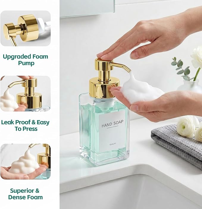 Foaming Soap Dispenser, 12oz/350ml Glass Foaming Hand Soap Dispenser Set, 2Pcs Refillable Foam Soap Dispenser with Foaming Pump, Labels, Square Foam Soap Hand Dispenser for Bathroom, Gold