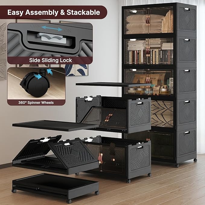 Stackable Storage Bins with Lids, Collapsible Storage Boxes, Foldable Plastic Storage Drawers for Bedroom,Office, Dorm (5, Black, XL)