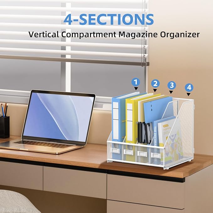 4 Vertical Compartments Magazine File Holder, Metal Binder Organizer, White | Space-Saving Desktop Storage, Built-In Label Holders, Anti-Slip Feet, Sized for Binders, Folders, Magazines and Files