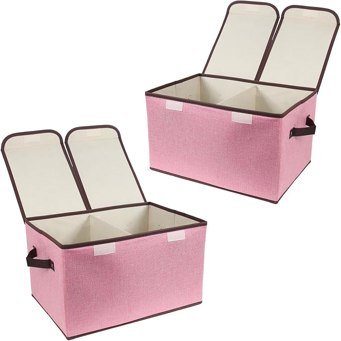 Foldable Fabric Storage Box with Double-Lid & Dividers, Large Organizer for Home, Closet, Office (Pink, 2 Packs)
