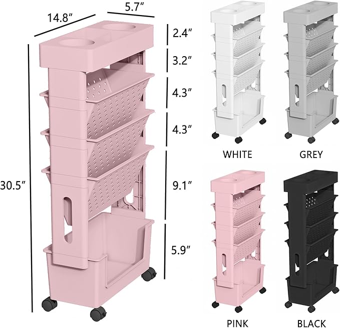 5-Tier Rolling Bookshelf Magazine Rack with Wheels Light Pink | Mobile Bookcase, Book Storage File Folder Organizer Cart for Home Study Office Living Room Classroom