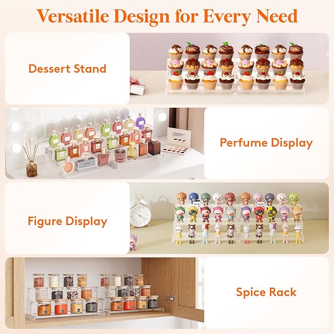 Lifewit Spice Rack, Perfume Cologne Organizer, Cupcake Stand, Tool-Free Assembly, Display Riser Shelf, Seasoning Figurine Makeup Holder, Room Decor, Kitchen Cabinet Storage, Clear, 14in-4 Tier, 1 Pcs