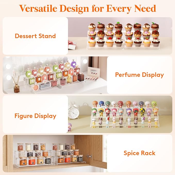 Lifewit Spice Rack, Perfume Cologne Organizer, Cupcake Stand, Tool-Free Assembly, Display Riser Shelf, Seasoning Figurine Makeup Holder, Room Decor, Kitchen Cabinet Storage, Clear, 12in-3 Tier, 2 Pcs