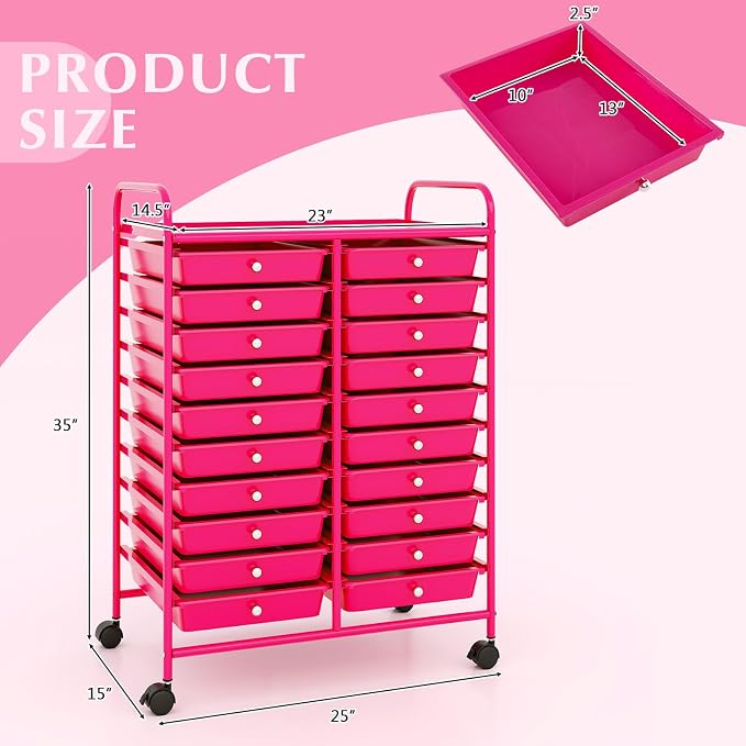 LDAILY 20-Drawer Rolling Storage Cart, Rolling Storage Cart, Storage Organizer on Wheels, Metal Frame, Scrapbook Paper Tools, Suitable for Office School, Classroom (Hot Pink, 20 Drawer)