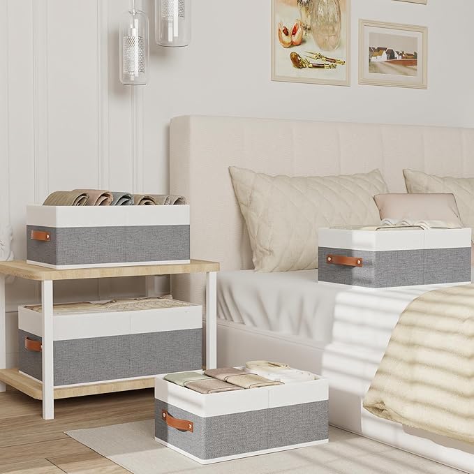 Storage Boxes, 16.1 × 9.8 × 6.5 Inch Storage Baskets with Handles, Fabric Cube Organizer Bins for Shelves Bedroom Laundry, White and Grey, 4-Pack