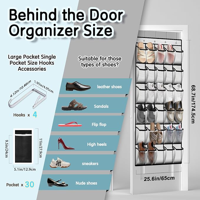 Kotkn Over the Door Shoe Organizer with 30 Breathable Mesh Pockets (2PC-White)