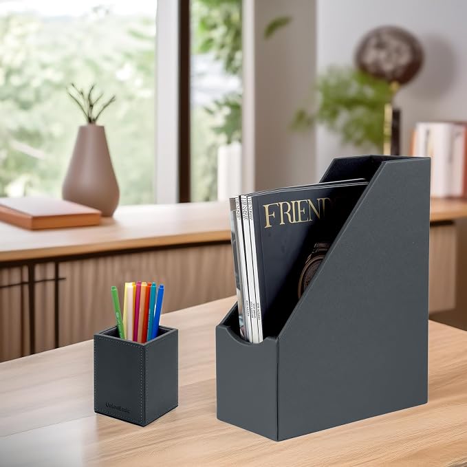 UnionBasic Magazine File Holder, Grey | Leatherette, Desktop Document Organizer, Home Office Paper Holder, File Storage Literature Sorter