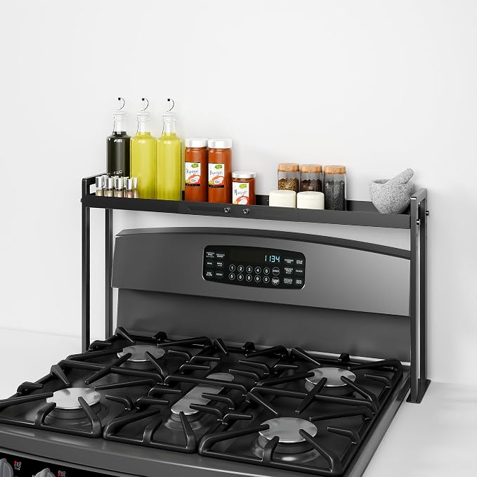 Bumusty Adjustable High Stand Stove Top Shelf – Expandable 4-Level Spice Rack and Kitchen Countertop Organizer, Anti-Slip Metal, 27"–33" Length, 11"–14" Height, Black