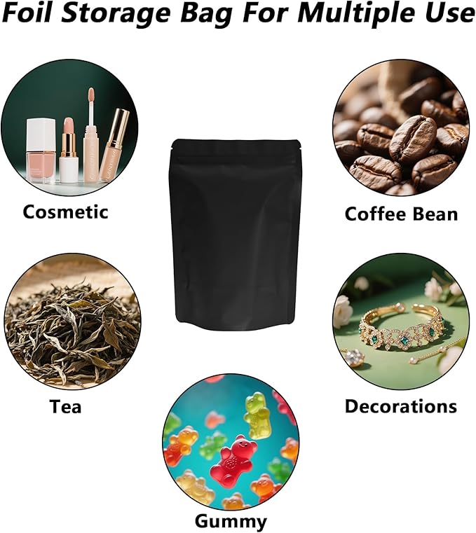 100PCS Smell Proof Resealable Pouch Bags,ULIFESTAR Aluminum Foil Flat Food Storage Bag,Sealable Pcsaging Zipper Pouches with Tear Notches for Pcsaging Lipgloss,Jewelry,etc(14*20cm/5.51*7.87",Black)