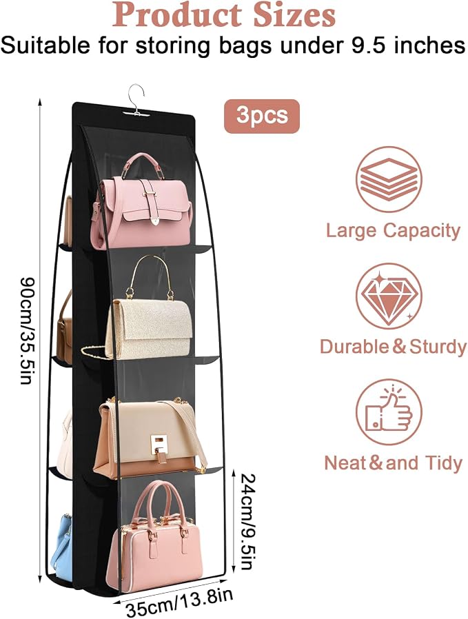 3 Pack Purse Organizer for Closet, 8 Pockets Black Handbag Hanging, Handbag Storage, Purse Closet Organizer Clear Window Purse Hanger and Handbag Organizer for Space Saving