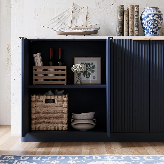 Evermagin 67" Fluted Navy Blue Buffet Cabinet with Storage | Mid-century modern wood sideboard, large credenza with 6 doors for kitchen or living room, 67"W x 31.5"H x 15.7"D