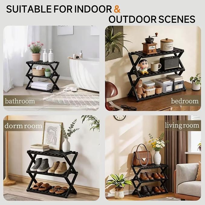 3 Tier Bamboo Shoe Rack Black,Portable Folding Shoe Storage Rack,Without Installation Small Shoe Rack Perfect for Corridors, Drom, Bedrooms and Small Spaces