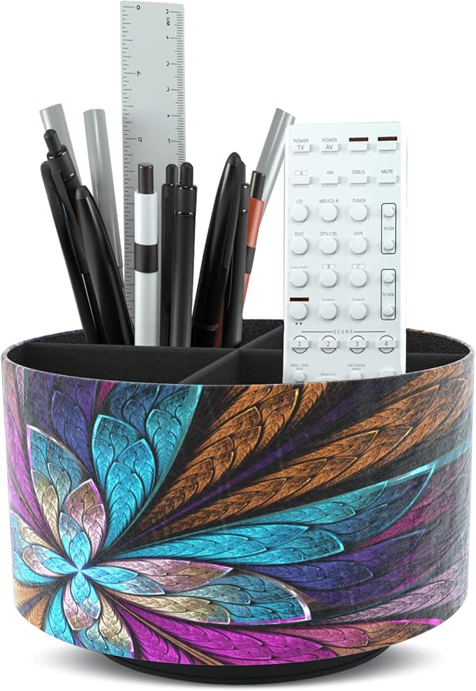 Round Leather Art Supply Organizer,Remote Control Holder,360 Degree Rotating,Multi-Functional Pencil Holder,4 Compartments Desktop Stationary Organizer(1-Fractal Flower) | Round