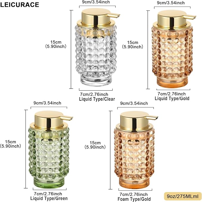 Glass Liquid Soap Dispenser, Refillable Liquid Dispenser with Gold Pump, Hand Soap Dispenser for Bathroom Kitchen, Modern Home Bathroom Decor （Liquid Type/Green）