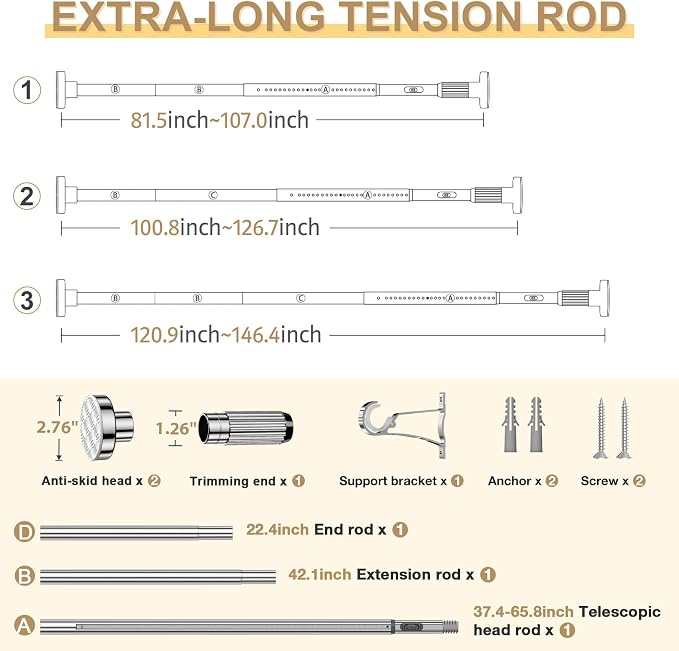 Silver Tension Curtain Rod 41-146In(4-12Ft), Extra Long Outdoor Curtain Rod No Drilling for Window or Patio, Heavy Duty Shower Rod for Bathroom,Rod Diameter 1.26In-One-bond stretching