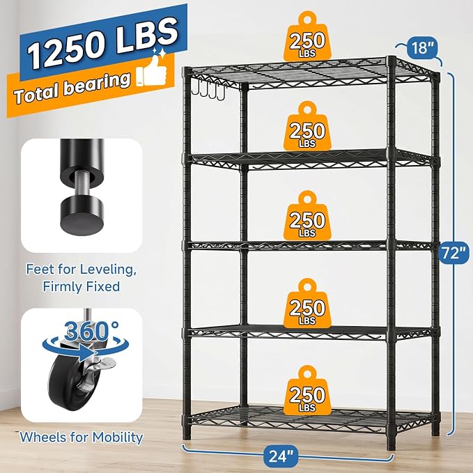 Wire Storage Shelves with Wheels: 5 Tier Adjustable Metal Shelving Unit, Heavy Duty Bakers Rack Rolling Pantry Shelf Organizer for Closet, Kitchen, Laundry 24" W x 18" D x 75" H, Black, 4PCS