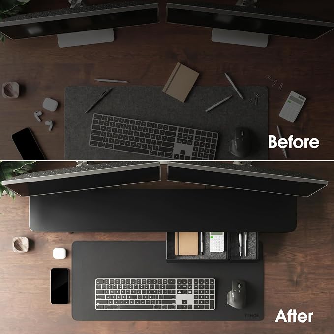 Fenge 42.5" Monitor Stand with Storage Drawers, Minimalist Monitor Riser with Solid Ash Legs and Cable Management, Wooden Desk Shelf for Home Office Workspaces, Black