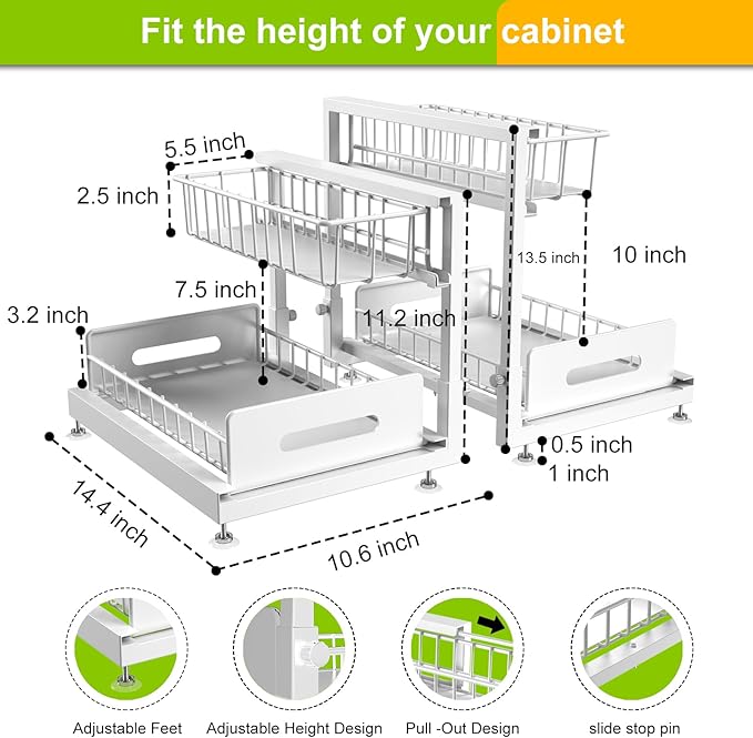 2 Pack Under Sink Organizer and Storage,Pull Out Cabinet Organizer 2 Tier Slide Out Sink Shelf Cabinet Organizer Adjustable Metal Under Counter Organizers for Kitchen Bathroom Organization（White）