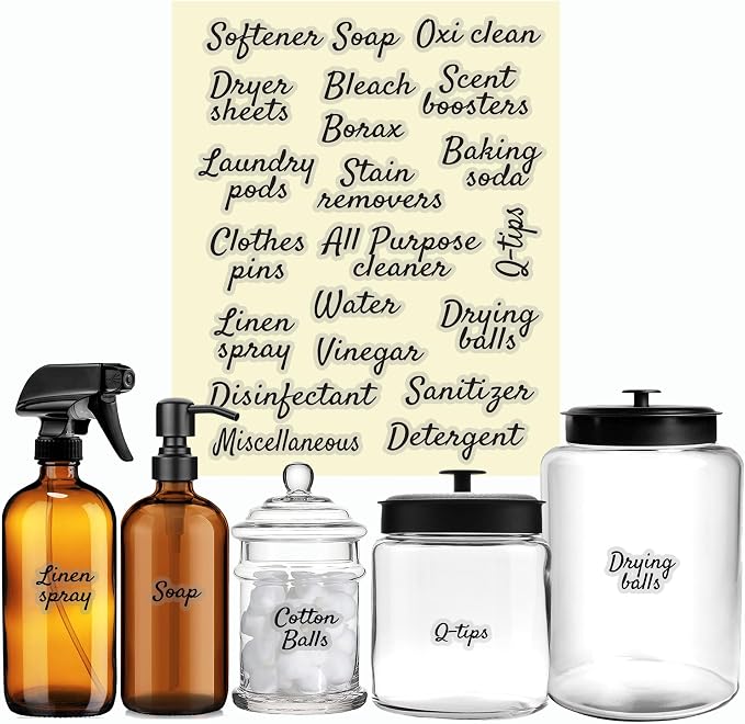 Laundry Room Organizing Labels for Glass Jars, Canisters, Waterproof Home Storage Organization Washroom Cleaning Decal Stickers