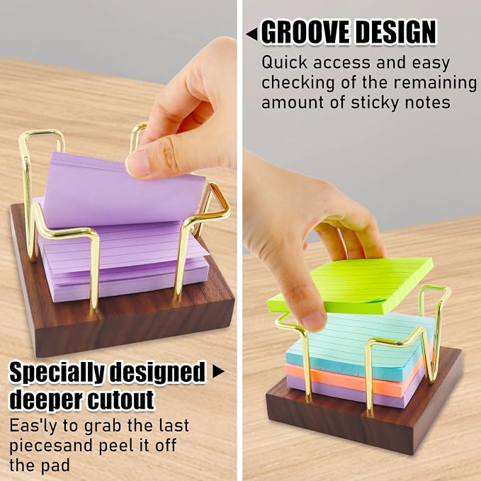 Buqoo Walnut Wood and Gold Metal Sticky Note Holder | Walnut Wood and Gold Metal Wire Self Stick Note Pad Holder Dispenser for School Home Office Desk Accessories Supplies