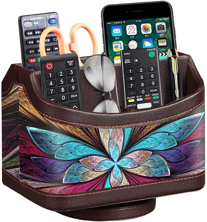 360° Rotatable Remote Control Holder,PU Leather TV Remote Caddy for Table | Colorful Art Supply Organizer Pen Holder, Multi-Functional Desk Organizer for Nightstand,Living Room,Home and Office Decor