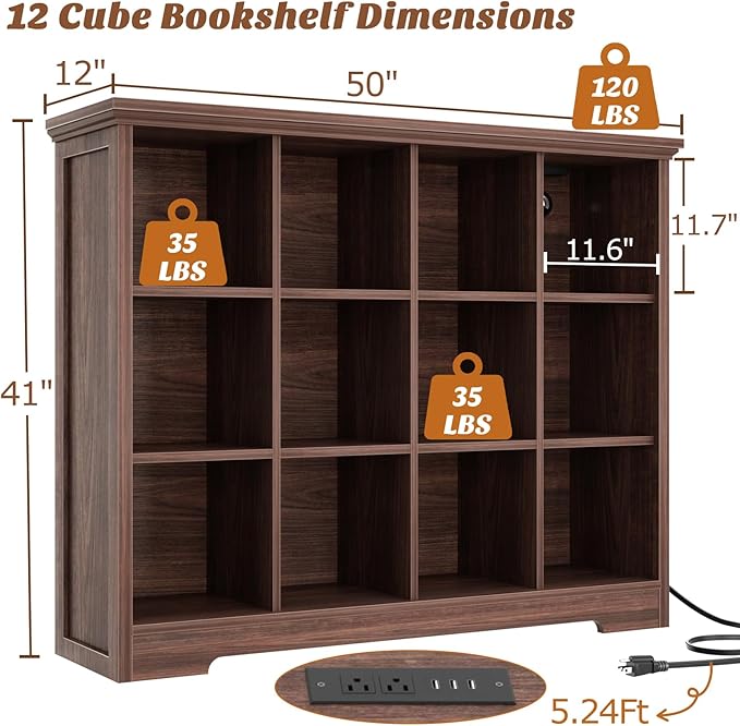 Aheaplus Wooden 12-Cube Storage Organizer with Charging Ports, Modern Cube Bookcase with Base, 4-Tier Floor Standing Open Cubbies Bookshelf, Cubicle Display Shelf for Home and Office, Black Walnut