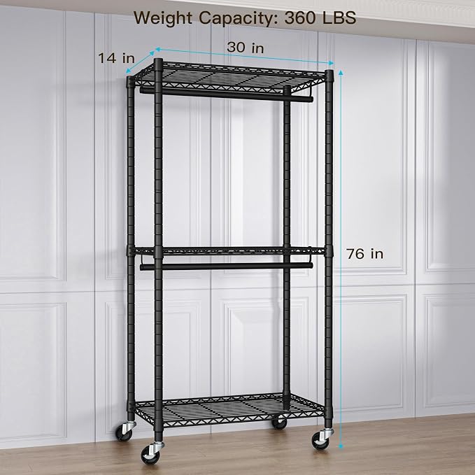 FUTASSI Heavy-Duty Portable Closet, 30"W x 14"D x 76"H, Black, Carbon Steel | Metal Rolling Clothing Rack, Closet System with Wheels and Shelves for Hanging Clothes, Portable Wardrobe Organizer Storage