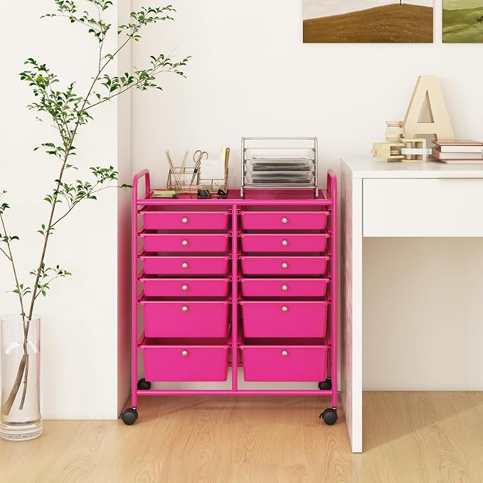 DREAMADE Rolling Cart with Storage Drawers, Utility Cart with Removable Plastic Drawers, Lockable Wheels, Art Cart for Classroom Organization Art Supplies Office Scrapbook (12 Drawers, Hot Pink)
