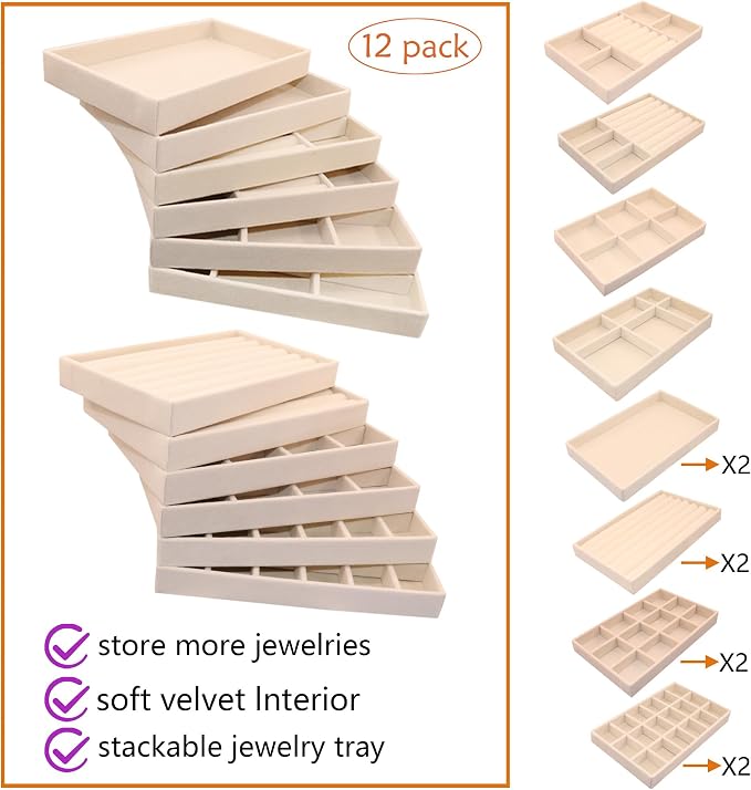 12Set Jewelry Trays Velvet Jewelry Display Plate Stackable Jewelry Drawer Organizer Earring Organizer for Women