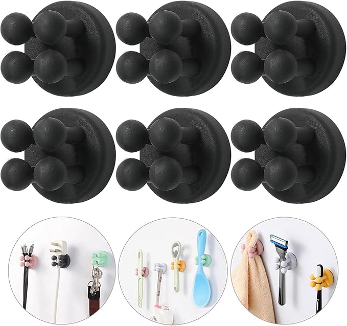 iBetterLife Razor Holder for Shower Hooks – 6Pcs Self Adhesive Wall Mounted Single Hook for Hanging Toothbrush, Functional Waterproof Utility Plug Holder for Bathroom Kitchen Living Room Office, Black