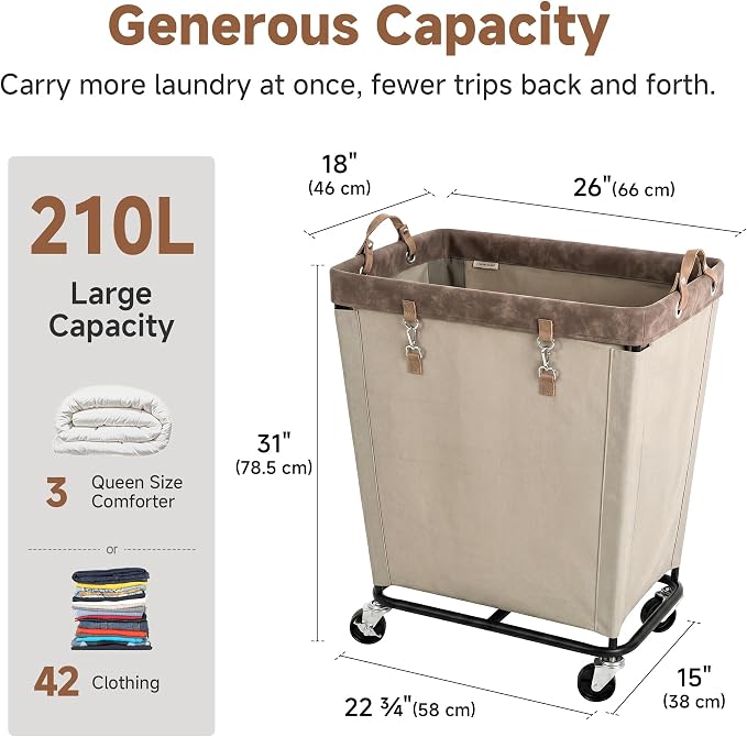 StorageWorks Laundry Basket with Wheels for Clothes, 210L Tan Hamper Cart