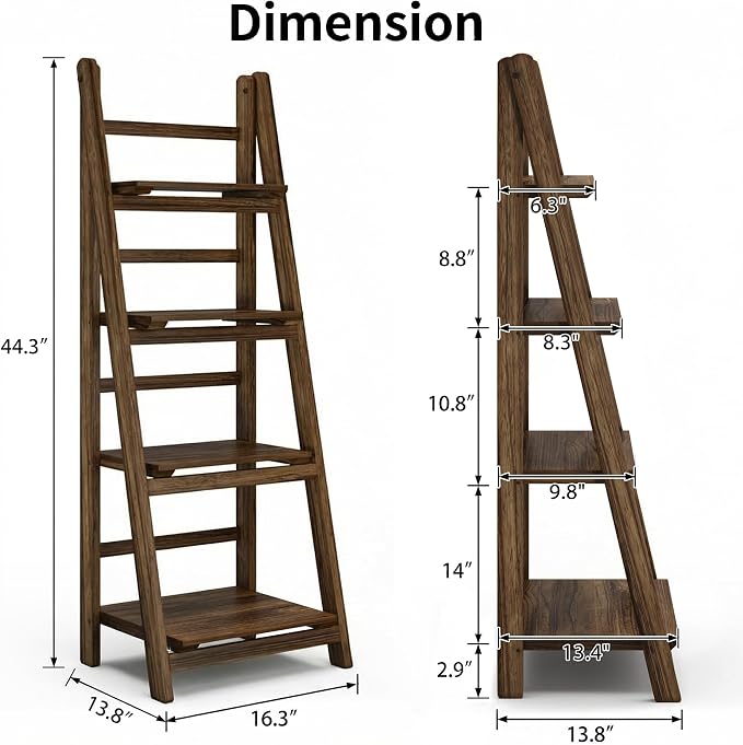 Ladder Shelves - Folding Wooden Ladder Bookshelf, 4-Tier Retro Plant Stand Storage Shelves for Home Living Room, Brown