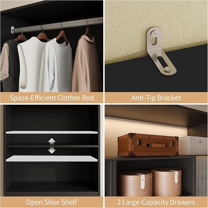 VOWNER 25'' Closet Organizer System Small Freestanding Closet System | 6 Adjustable Shelves, 2 Hanging Rod, Black Modular Closet System for Small Closet, Space-Saving, Easy Assembly